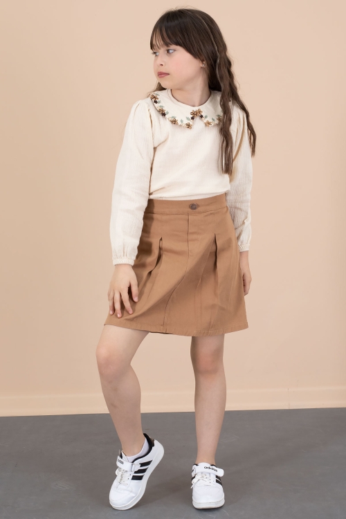 Kahve Yakası Çiçek Nakışlı Müslin Gömlekli Etekli Kız Çocuk 2li Takım 20674