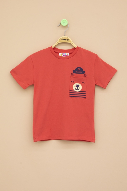 Kiremit Ayıcık Baskılı Cepli Erkek Bebek Tişört 20933