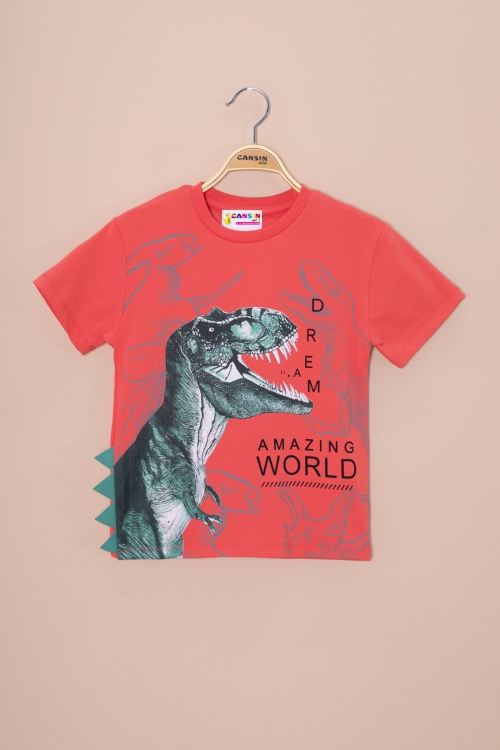 Kiremit Dinozor Baskılı Bisiklet Yaka Erkek Bebek Tişört 20953