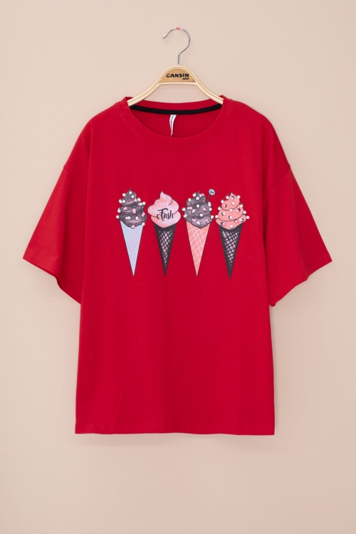 Kırmızı Dondurma Baskılı Taşlı Kız Çocuk Kısa Kol Oversize Tişört 20794