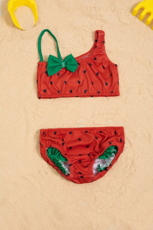 Kırmızı Karpuz Desenli Fiyonklu Kız Çocuk Omuz Askılı Mayo Takımı 21113