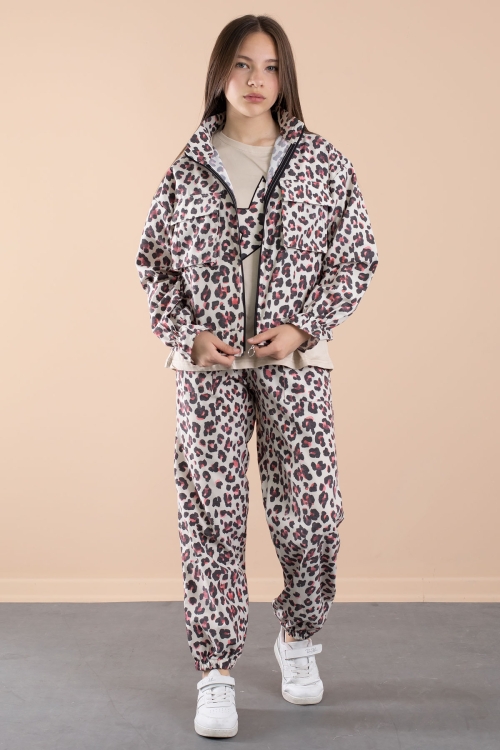 Kırmızı Leopar Desenli Paraşüt Ceketli Bisiklet Yaka Tişörtlü Kız Çocuk 3lü Takım 20639