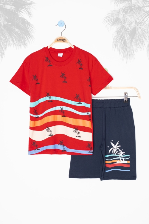 Kırmızı Palmiye Desenli Bisiklet Yaka Erkek Çocuk Şortlu Takım 20623