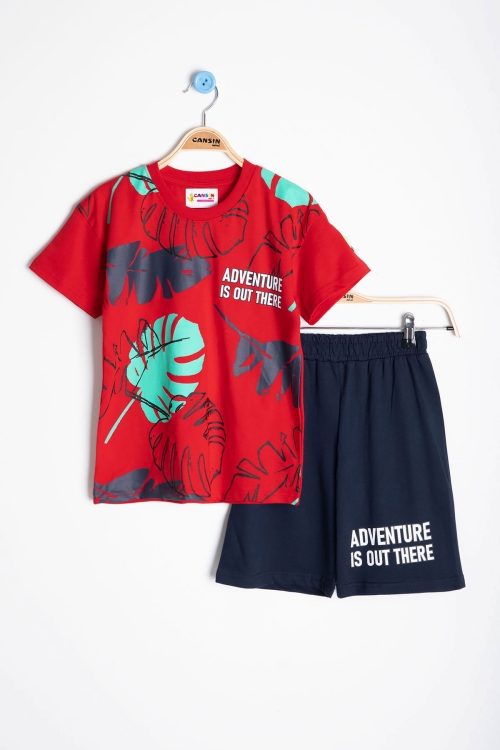 Kırmızı Yaprak Baskılı Bisiklet Yaka Erkek Çocuk 2li Şortlu Takım 21060