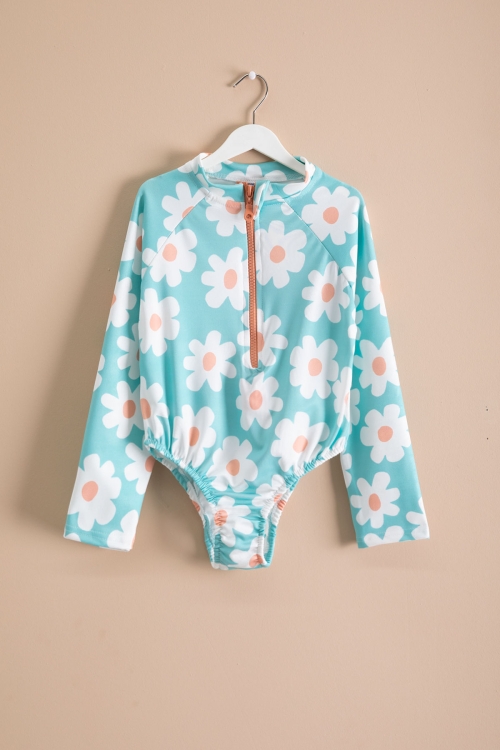 Kız Çocuk Çiçek Baskılı Su Yeşili Mayo 21127