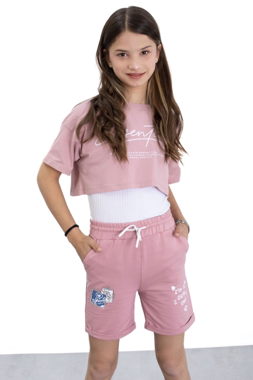 Koyu Pembe Patili Cute Baskılı Kız Çocuk Beli Lastikli Şort 20758
