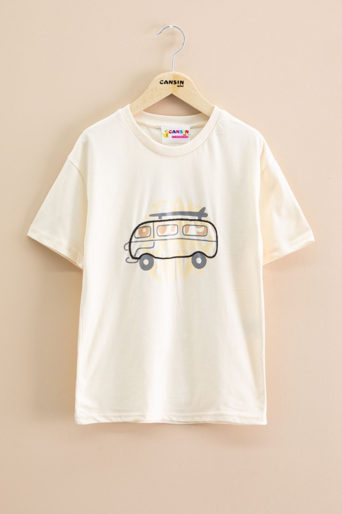 Krem Araba Baskılı Bisiklet Yaka Erkek Çocuk Kısa Kol Tişört 20924