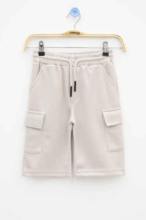 Krem Beli Lastikli Çift Kargo Cepli Erkek Çocuk Şort 21178