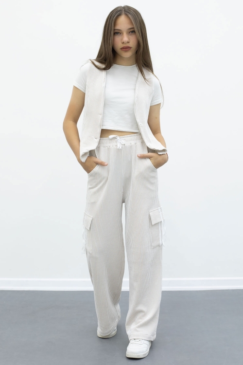 Krem Çizgili Düğmeli Yelekli Kargo Cepli Pantolonlu Kız Çocuk 2li Takım 21017