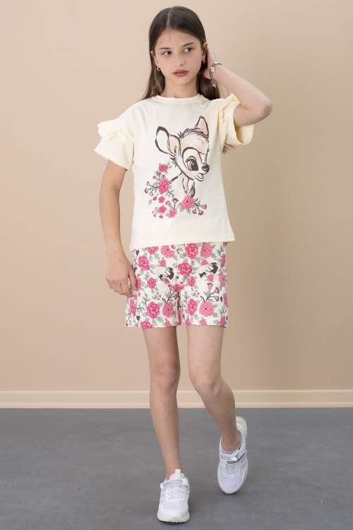 Krem Fırfır Detaylı Tişörtlü Çiçek Baskılı Şortlu Kız Çocuk Takım 21100