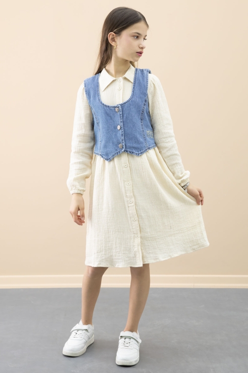 Krem Jean Yelekli Uzun Kol Kız Çocuk 2li Müslin Elbise 20668