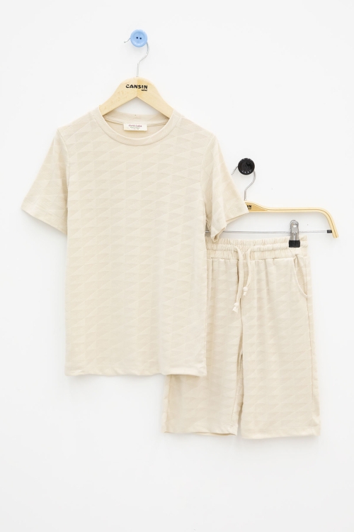 Krem Kare Desenli Bisiklet Yaka Tişörtlü Erkek Çocuk Şortlu Takım 20782