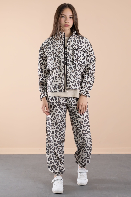 Krem Leopar Desenli Paraşüt Ceketli Bisiklet Yaka Tişörtlü Kız Çocuk 3lü Takım 20637