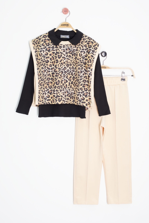 Krem Leopar Desenli Süveterli Badili Kız Çocuk Pantolonlu 3lü Takım 20665