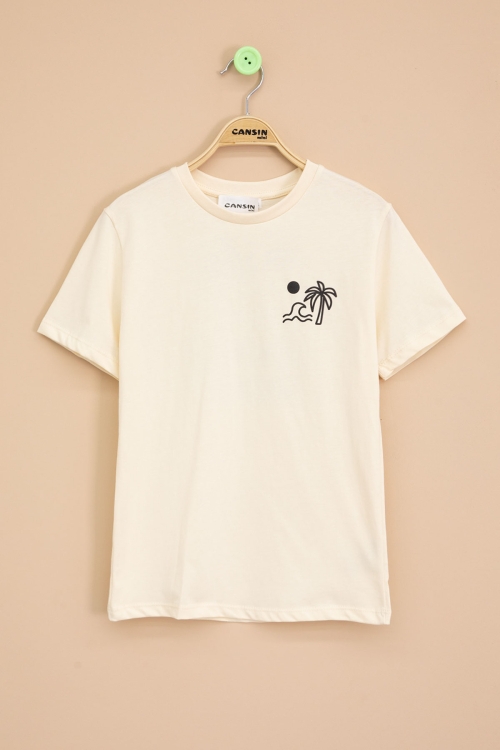 Krem Palmiye Baskılı Sırtı Yazılı Erkek Çocuk Kısa Kol Tişört 20926