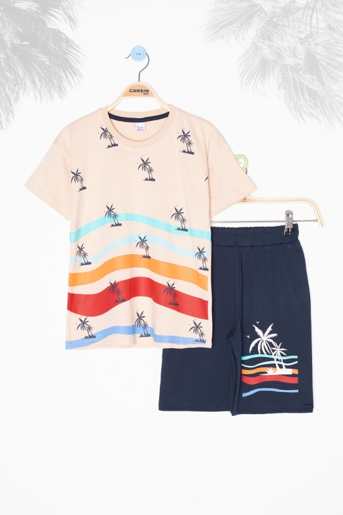 Krem Palmiye Desenli Bisiklet Yaka Erkek Çocuk Şortlu Takım 20626