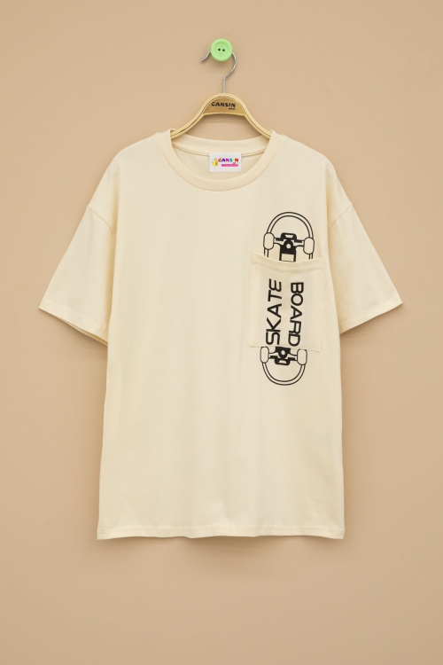 Krem Skateboard Baskılı Cepli Erkek Çocuk Bisiklet Yaka Tişört 20913