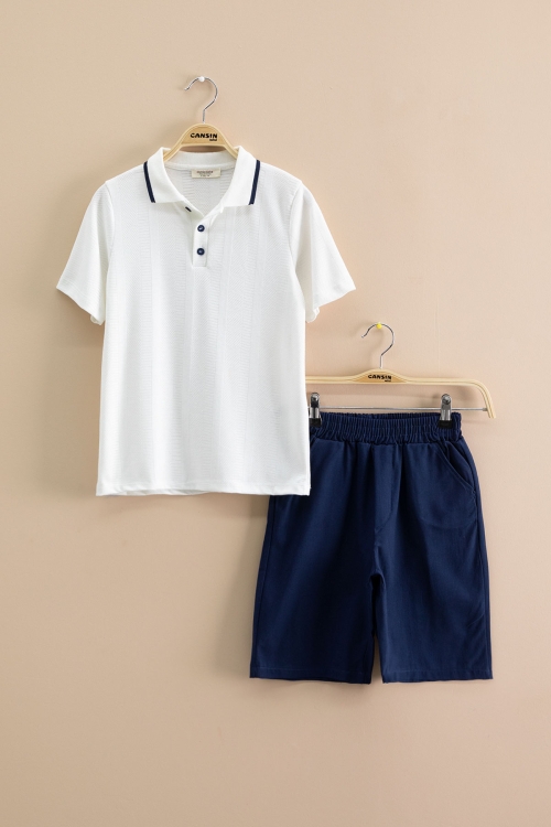 Lacivert Çizgi Desenli Polo Yaka Düğmeli Erkek Çocuk Şortlu 2li Takım 21117