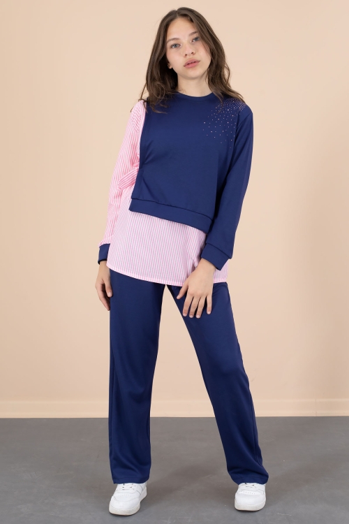 Lacivert Çizgi Desenli Taş Detaylı Bluzlu Kız Çocuk Kuşaklı Pantolonlu 2li Takım 20662