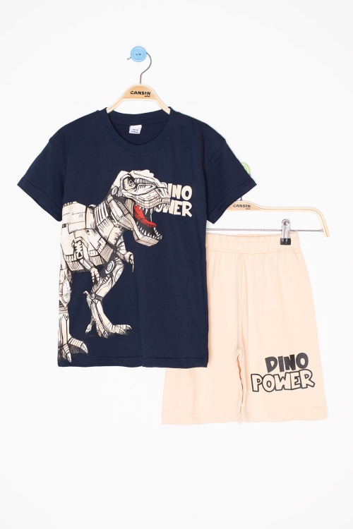 Lacivert Dino Baskılı Yazılı Erkek Çocuk Şortlu Alt Üst Takım 20618