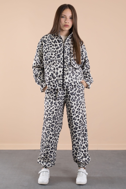 Lacivert Leopar Desenli Paraşüt Ceketli Bisiklet Yaka Tişörtlü Kız Çocuk 3lü Takım 20638