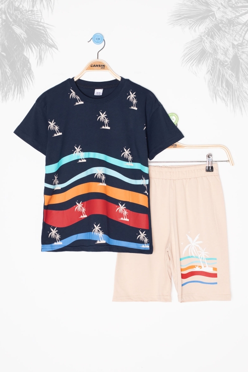 Lacivert Palmiye Desenli Bisiklet Yaka Erkek Çocuk Şortlu Takım 20627