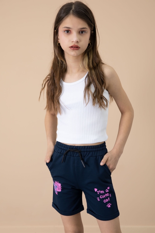 Lacivert Patili Cute Baskılı Kız Çocuk Beli Lastikli Şort 20732