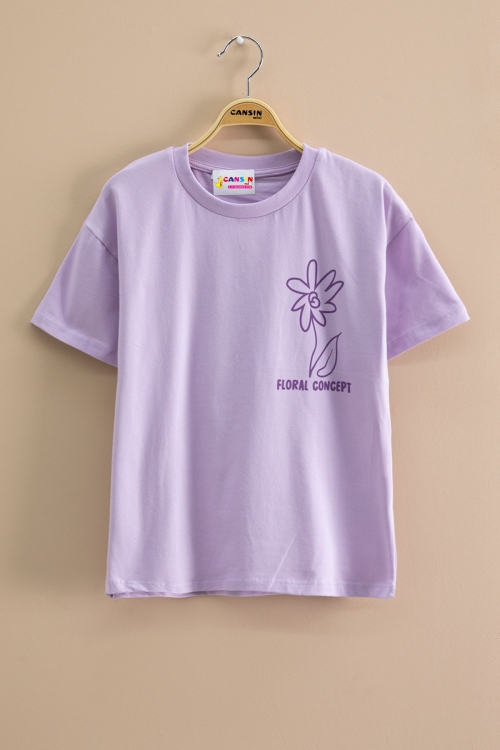 Lila Çiçek Baskılı Sırtı Yazılı Kız Çocuk Bisiklet Yaka Tişört 20966