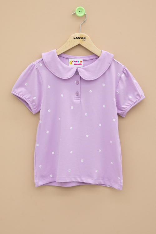 Lila Çiçek Desenli Düğmeli Yaka Kız Çocuk Tişört 20989