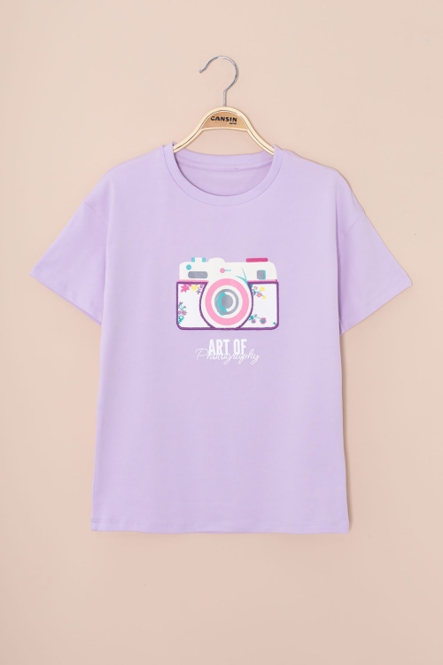 Lila Sırtı Yazılı Fotoğraf Baskılı Kız Çocuk Bisiklet Yaka Tişört 20977