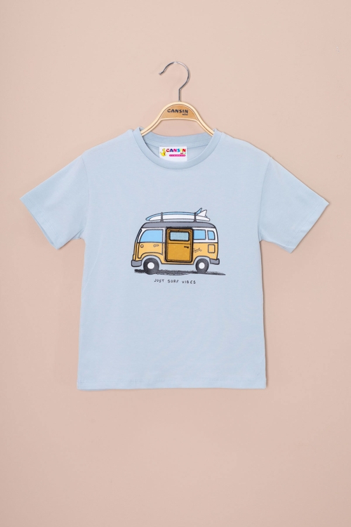 Mavi Araba Baskılı Nakış Detaylı Erkek Çocuk Bisiklet Yaka Tişört 20959