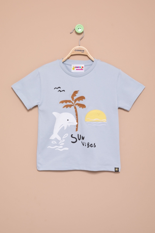 Mavi Balık Baskılı Nakışlı Erkek Bebek Bisiklet Yaka Tişört 20943