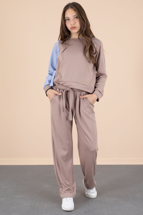 Mavi Çizgi Desenli Taş Detaylı Bluzlu Kız Çocuk Kuşaklı Pantolonlu 2li Takım 20661