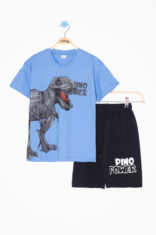 Mavi Dino Baskılı Yazılı Erkek Çocuk Şortlu Alt Üst Takım 20621