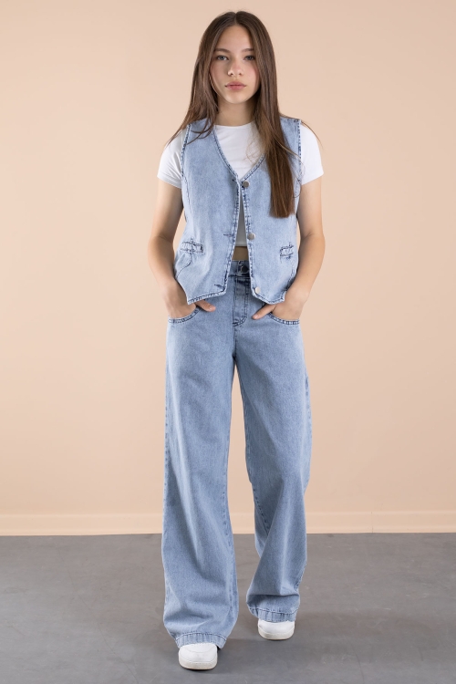 Mavi Düğmeli Jean Yelekli ve Geniş Paça Pantolonlu Kız Çocuk 2li Takım 20636