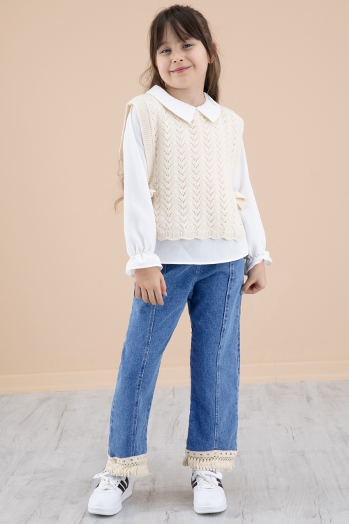 Mavi Jean Pantolonlu  Dantelli Süveterli  Kız Çocuk 3lü Takım 20691