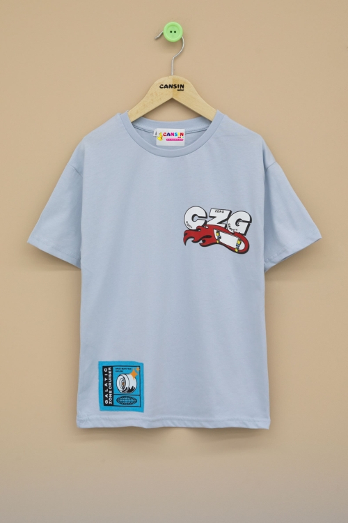Mavi Kaykay Baskılı Yazılı Erkek Çocuk Bisiklet Yaka Tişört 20918