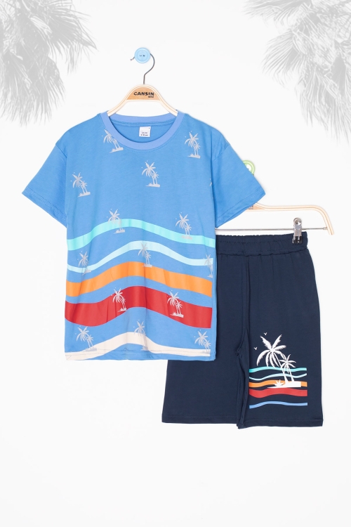 Mavi Palmiye Desenli Bisiklet Yaka Erkek Çocuk Şortlu Takım 20628