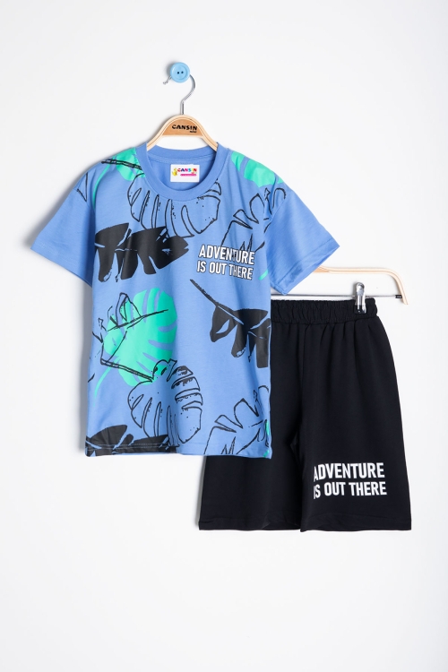 Mavi Yaprak Baskılı Bisiklet Yaka Erkek Çocuk 2li Şortlu Takım 21054