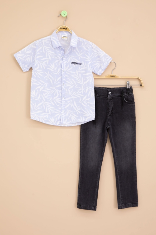 Mavi Yaprak Desenli Keten Gömlekli Erkek Çocuk Takım 19115