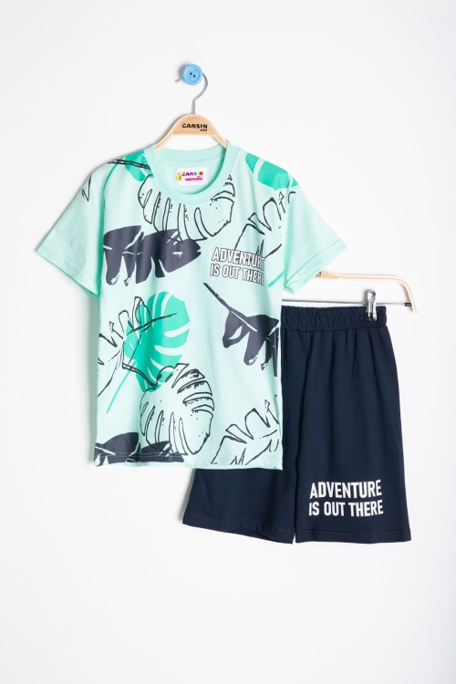 Mint Yaprak Baskılı Bisiklet Yaka Erkek Çocuk 2li Şortlu Takım 21059