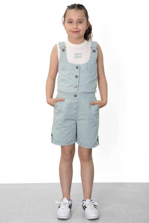 Mint Yeşili  Sıfır Kol Badili Düğmeli Yelekli Kız Çocuk 3lü Şortlu Takım 21037