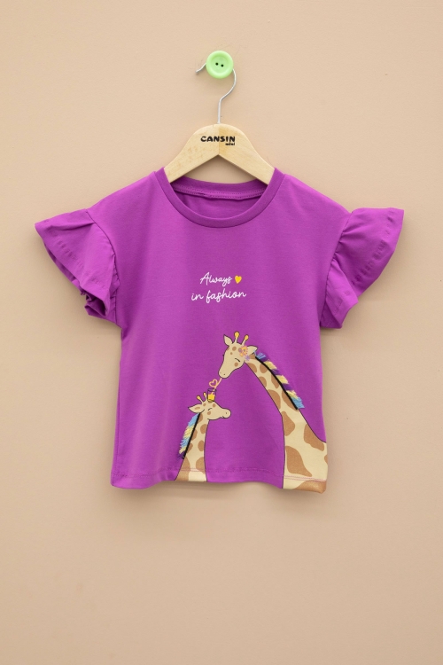 Mor Zürafa Baskılı Fırfırlı Kız Bebek Kısa Kol Tişört 20994