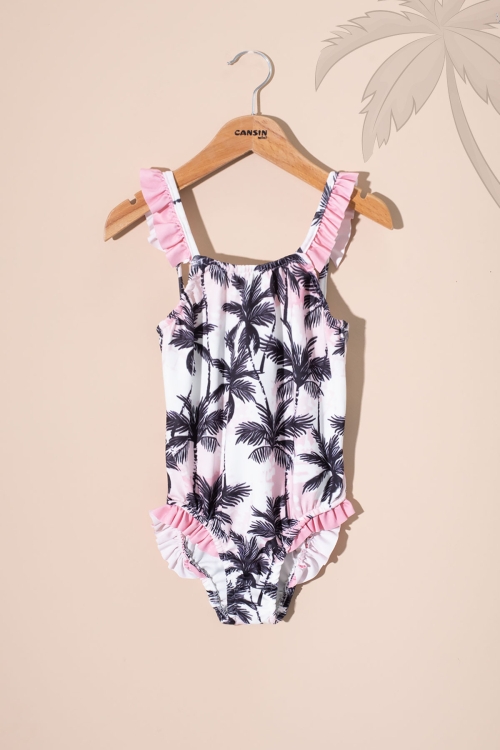 Palmiye Desenli Fırfır Detaylı Kız Çocuk 2li Mayo Takımı 21074