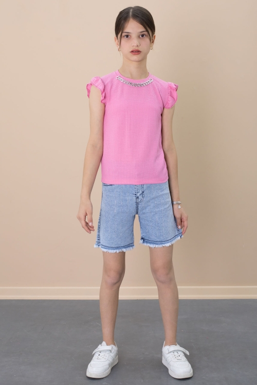 Payetli Jean Şortlu Pembe Kolye Detaylı Badili Kız Çocuk 2li Takım 21108