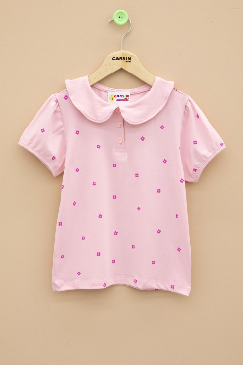 Pembe Çiçek Desenli Düğmeli Yaka Kız Çocuk Tişört 20990