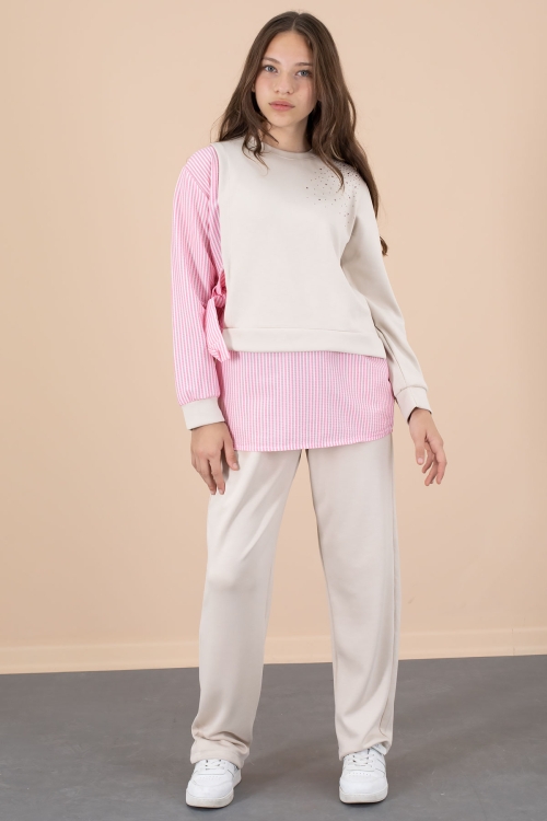 Pembe Çizgi Desenli Taş Detaylı Bluzlu Kız Çocuk Kuşaklı Pantolonlu 2li Takım 20659