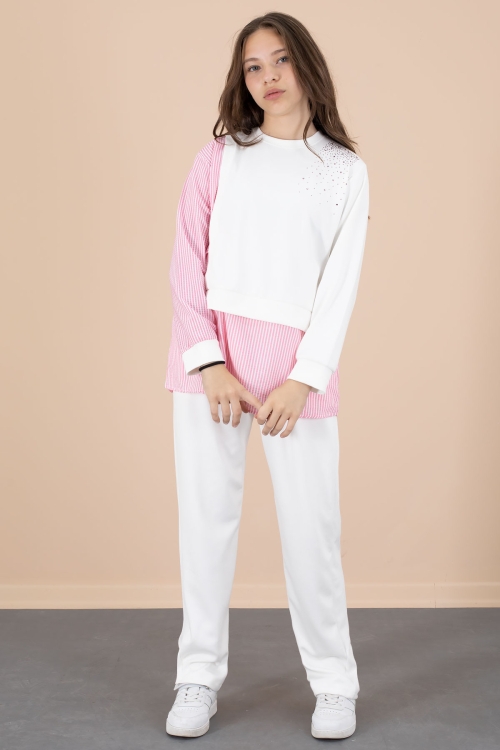 Pembe Çizgi Desenli Taş Detaylı Bluzlu Kız Çocuk Kuşaklı Pantolonlu 2li Takım 20656