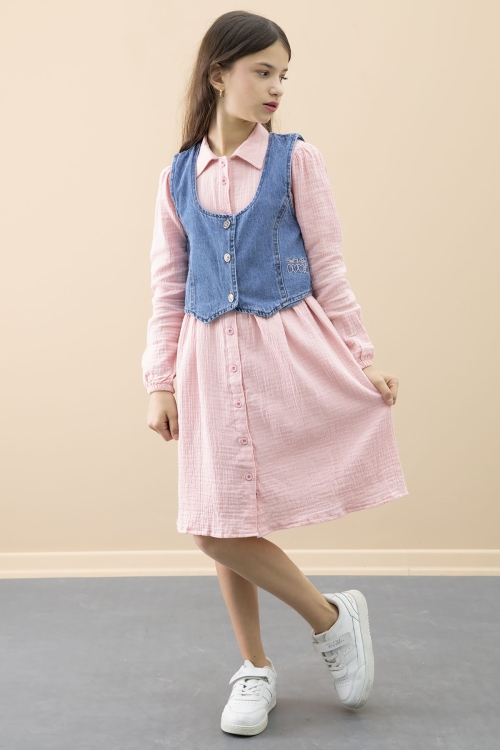 Pembe Jean Yelekli Uzun Kol Kız Çocuk 2li Müslin Elbise 20667