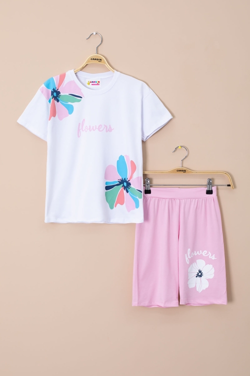 Pembe Omzu Çiçek Baskılı Tİşörtlü Şortlu Kız Çocuk 2li Takım 21066
